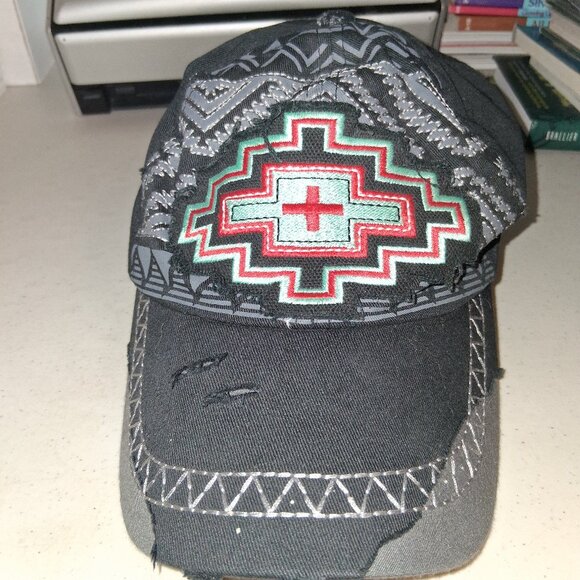 Cap Aztec Embroidered Southwest Style Black Strap back distressed Kbethos - Picture 1 of 3